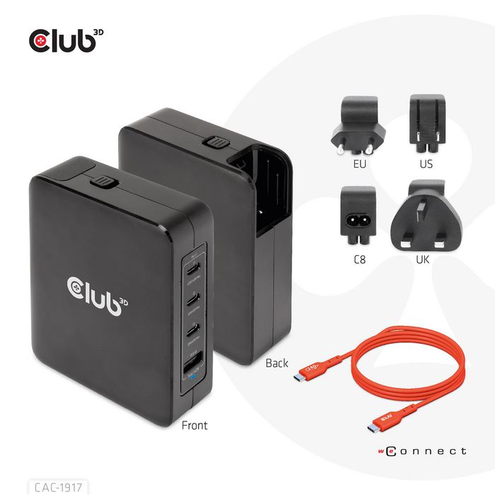Club3D International Travel Charger 140W Gan Technology, Four Port Usb Type-A(1X) And -C(3X), Pps + Power Delivery(Pd) 3.1 Support - W128564337
