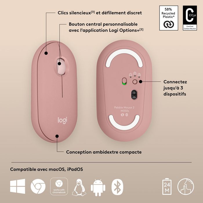 Logitech Pebble 2 M350S Mouse Ambidextrous Rf Wireless + Bluetooth Optical 4000 Dpi - W128564696
