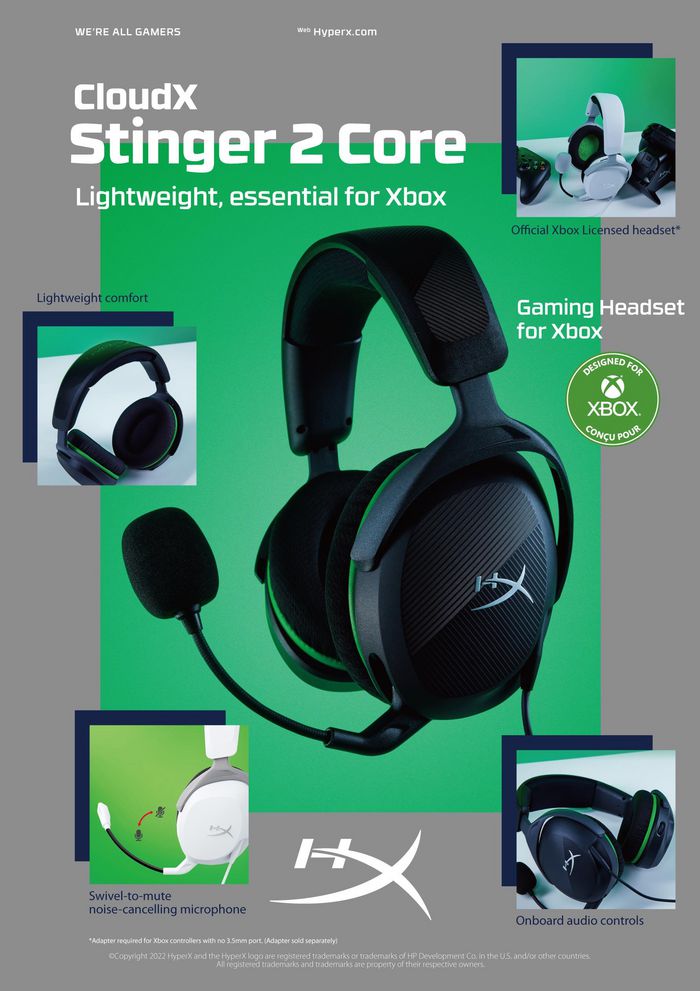 6H9B8AA, HP Hyperx Cloudx Stinger Wired EET Gaming 2 Headset Black, Headsets Core Xbox Green Head-Band Black 