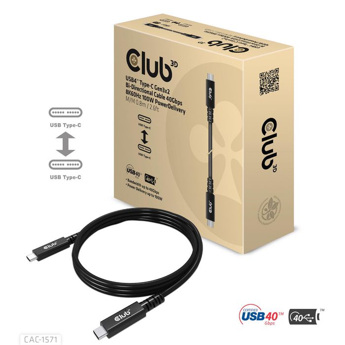 Club3D Usb4 Certified Type-C Gen3X2 Bi-Directional Cable 40Gbps 8K60Hz 100W Powerdelivery M-M 0.8M - 2.62Ft - W128782489