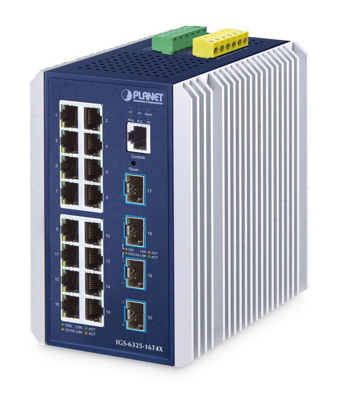 Planet IP30 Industrial L3 16-Port 10/100/1000T + 4-Port 10G SFP+ Managed Ethernet Switch (-40 to 75 C, dual redundant power input on 9~48VDC terminal block, DIDO, ERPS Ring, 1588 PTP TC, Modbus TCP, Cybersecurity features, Layer 3 RIPv1/v2, OSPFv2/v3 dynamic routing, supports CloudViewerPro app and MQTT, supports 1000X, 2.5G SFP and 10G SFP+) - W128771728