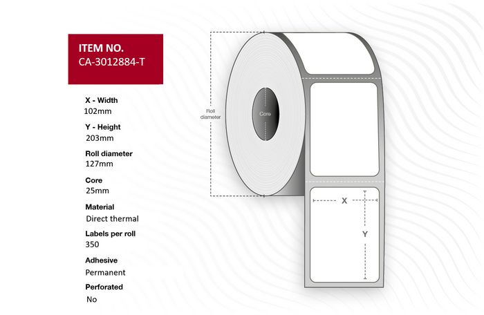 Capture Label 102 x 203mm, core 25mm, Direct Thermal, Uncoated, Permanent, No perforation, 350 labels per roll, 12 rolls per box. Equal to p/n: 3012884-T - W128432913