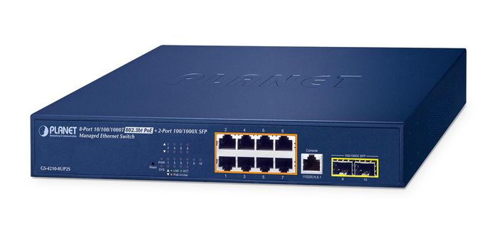 Planet IPv6/IPv4, 8-Port 10/100/1000T 802.3bt 95W PoE + 2-Port 100/1000X SFP Managed Switch(180W PoE Budget, 250m Extend mode, supports ERPS Ring, CloudViewerPro app, MQTT and cybersecurity features) - W128778172