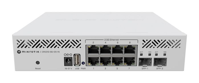 MikroTik Cloud Router Switch 310-8G+2S+IN with 800 Mhz CPU, 256 MB RAM, 8 x 2.5Gigabit Ethernet ports, 2 x SFP+ cages , RouterOS L5, desktop enclosure, rackmount ears, PSU - W128456386