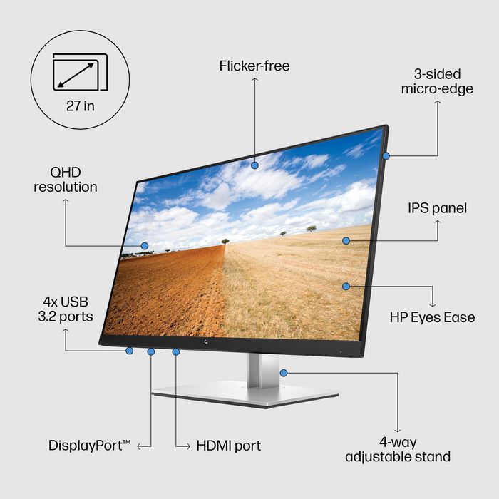 HP 68.6 cm (27"), QHD (2560 x 1440), 0.233 mm, 250 nits, 1000:1, 5ms, VGA, USB, DisplayPort, HDMI, 7 kg - W125970894