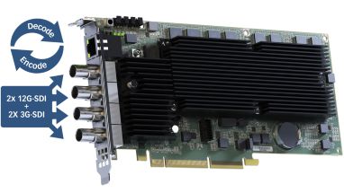 Ernitec Fanned SDI Capture and IP Encode/Decode card.  2x 12G-SDI and 2x 3G SDI inputs for up to 4k30 capture and 1 RJ-45 connectors for multistream IP Encoding and Decoding over standard 1GB network - W128792058