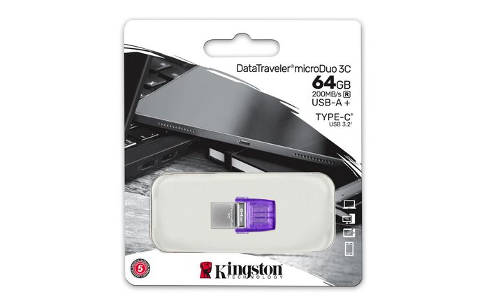 Kingston Technology DataTraveler microDuo 3C lecteur USB flash 64 Go USB Type-A / USB Type-C 3.2 Gen 1 (3.1 Gen 1) Violet, Acier inoxydable - W127289271