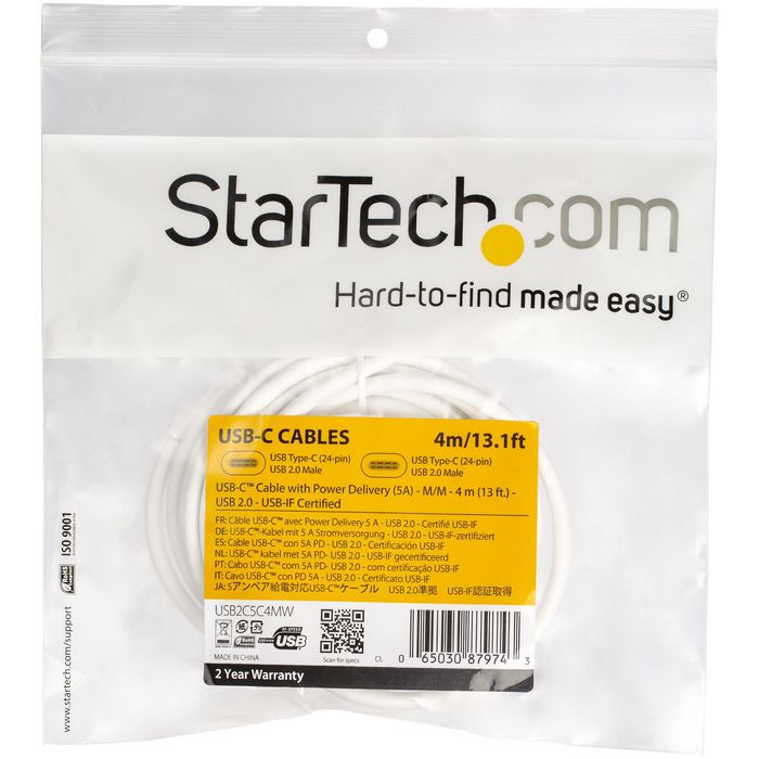 StarTech.com Usb-C To Usb-C Cable W/ 5A Pd - M/M - White - 4 M (13 Ft.) - Usb 2.0 - Usb-If Certified - W128260142