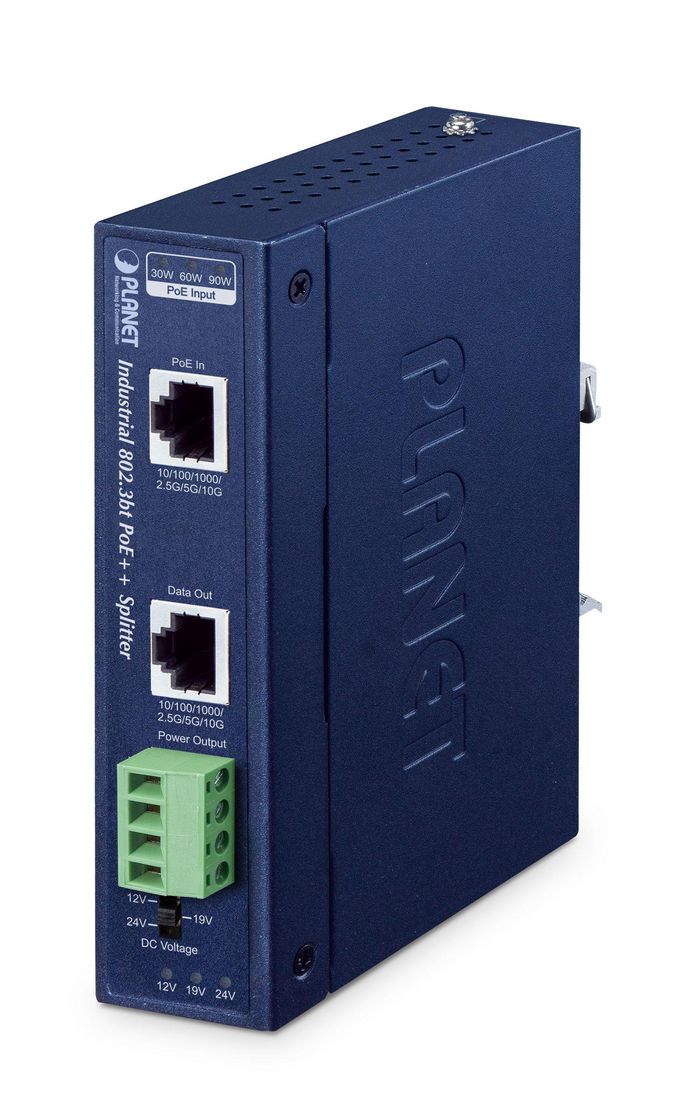Planet IP30, Industrial Single-Port 10Gbps 802.3bt PoE++ Splitter - 12V,19 & 24V DC output (-40~75 degrees C, 802.3bt type 4 PD, supports, 10/100/1G/2.5G/5G/10Gbps data rate ) - W128803289