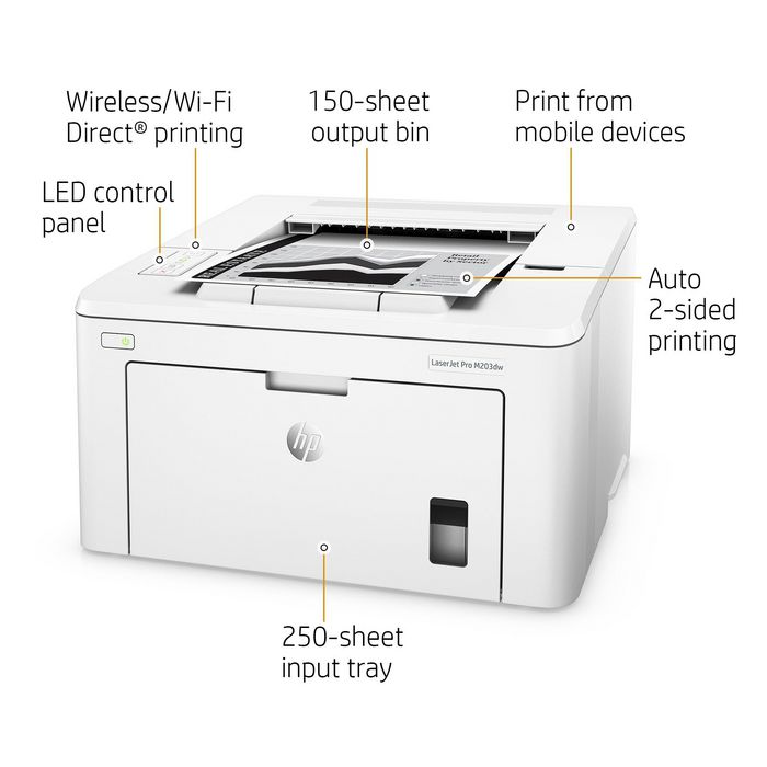 HP Imprimante LaserJet Pro M203dw, Laser, 1200 x 1200dpi, 28ppm, A4, 800MHz, 256Mo, USB, WiFi, LED - W124655043