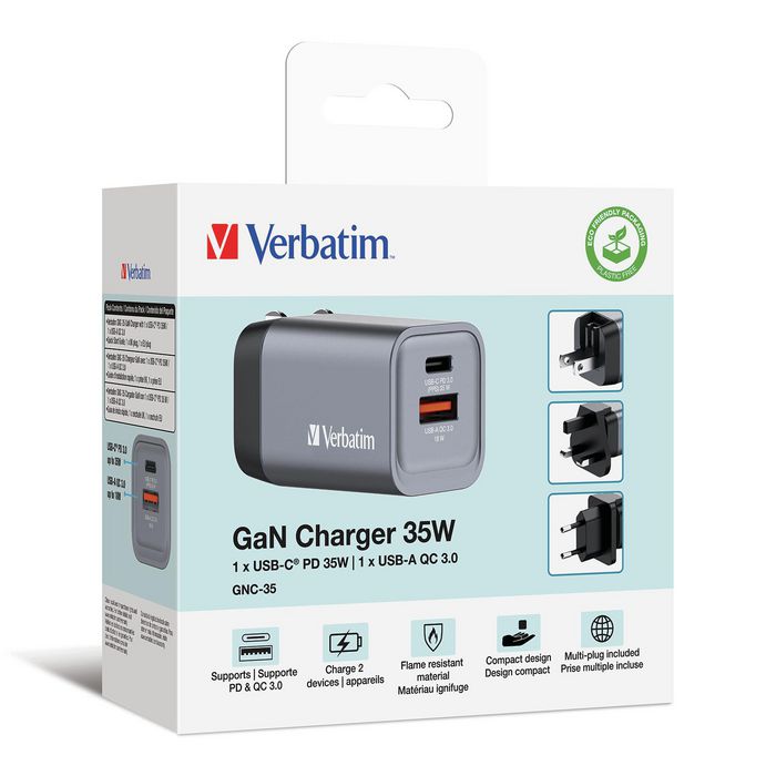 Verbatim GNC-35 GaN Charger 35W with 1 x USB-C® PD 35W. 1 x USB-A QC 3.0 (EU/UK/US) - W128807226
