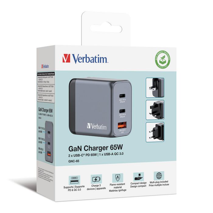 Verbatim GNC-65 GaN Charger 65W with 2 x USB-C® PD 65W. 1 x USB-A QC 3.0 (EU/UK/US) - W128807227