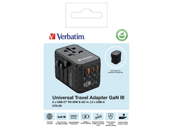Verbatim UTA-05 GaN III Universal Travel Adapter with 2x USB-C PD 65W & QC 4+ / 2x USB-A - W128807222