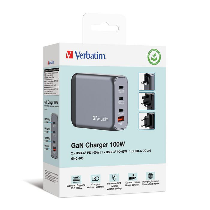 Verbatim GNC-100 GaN Charger 100W with 2 x USB-C® PD 100W. 1 x USB-C® PD 65W / 1 x USB-A QC 3.0 (EU/UK/US) - W128807228