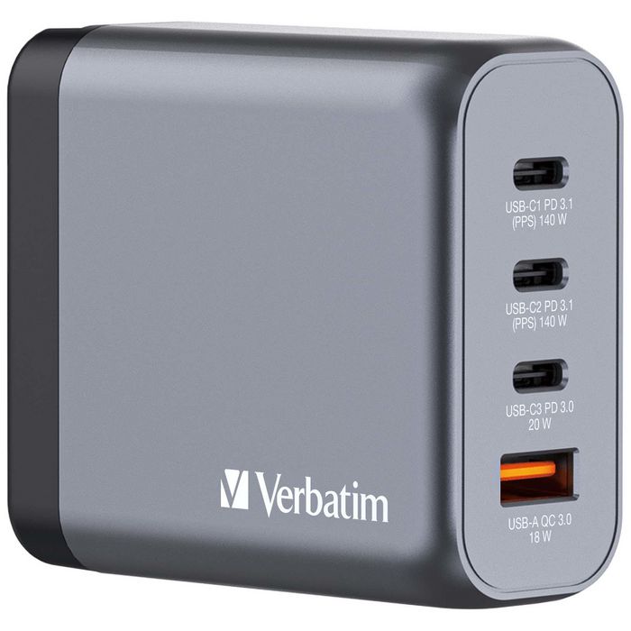 Verbatim GNC-140 GaN Charger 140W with 2 x USB-C® PD 140W. 1 x USB-C® PD 20W / 1 x USB-A QC 3.0 (EU/UK/US) - W128807229