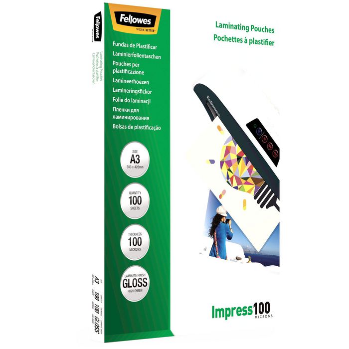 Fellowes A3 Glossy 100 Micron Laminating Pouch - 100 Pack - W128253800