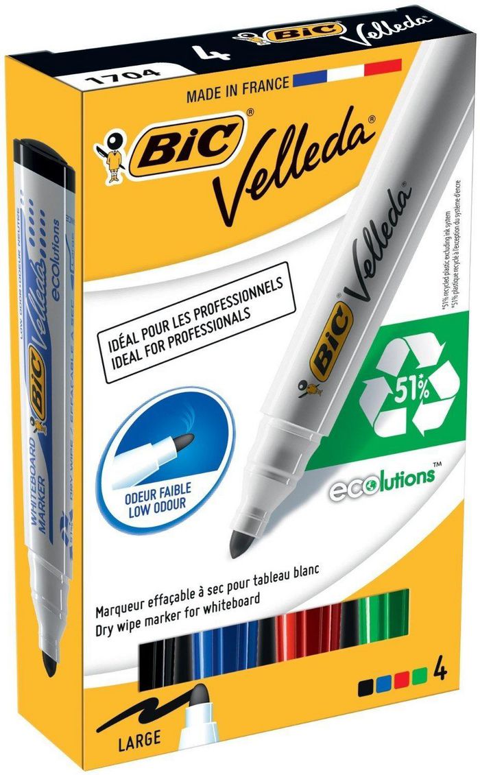 Bic Whiteboard Marker 4 Colors Pack Of 4 Pieces Dry Wipe Alcohol-Based Ink - Blocked Acrylic Tip - W128808812