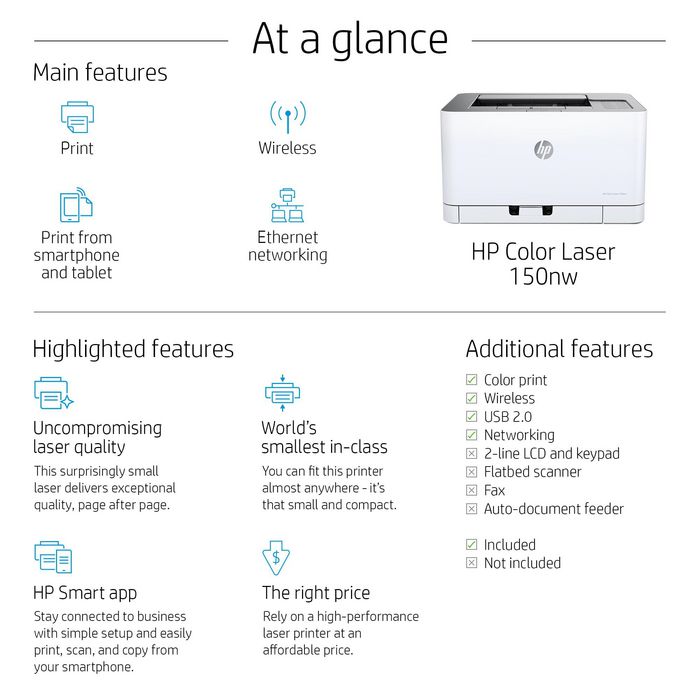 HP Laser couleur 150nw, Laser, 216 x 356mm, 600 x 600 DPI, 18 ppm, A4, 400MHz, 64Mo, USB - W125304843