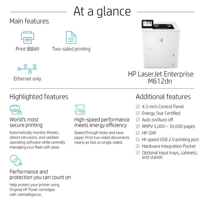 HP LaserJet Enterprise M612dn, Laser, 1200 x 1200 dpi, 75ppm, A4, 1000Mo, WiFi, CGD, 4.3″ - W126475425