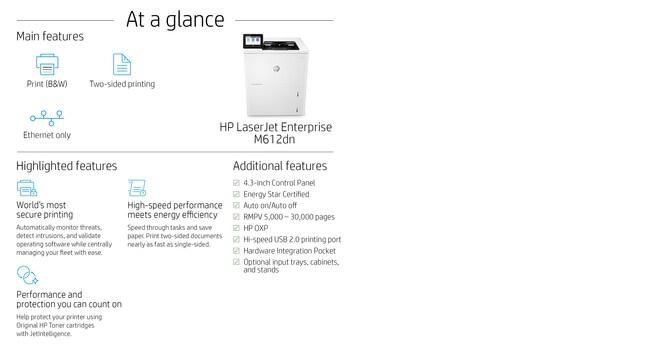 HP LaserJet Enterprise M612dn, Laser, 1200 x 1200 dpi, 75ppm, A4, 1000MB, WiFi, CGD, 4.3″ - W126475425