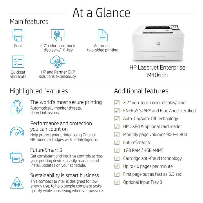 HP LaserJet Enterprise M406dn, Laser, 1200 x 1200dpi, 40ppm, A4, 1024Mo, LCD - W126475429