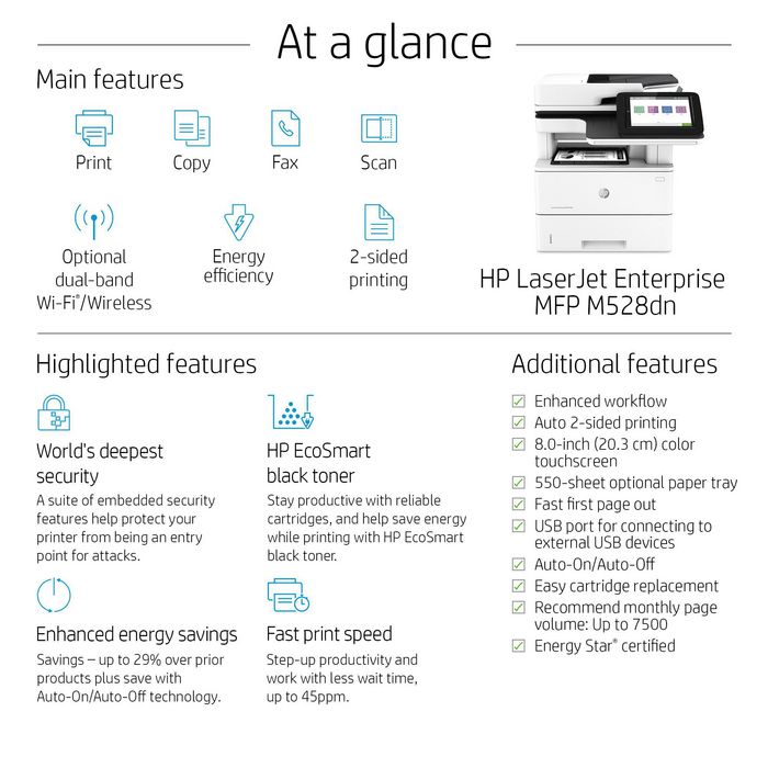 HP LaserJet Enterprise MFP M528dn, Laser, 1200 x 1200dpi, 43ppm, A4, 1200MHz, 1250MB, USB, LCD, 8″ - W126475341