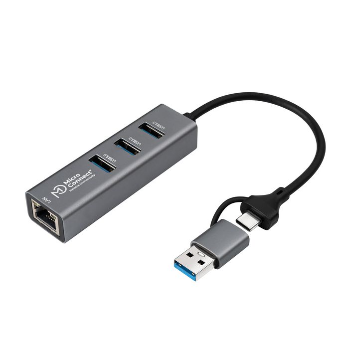 MicroConnect USB 3.0 Hub 4-Port with Ethernet and USB-C & A Connectors - W128609511