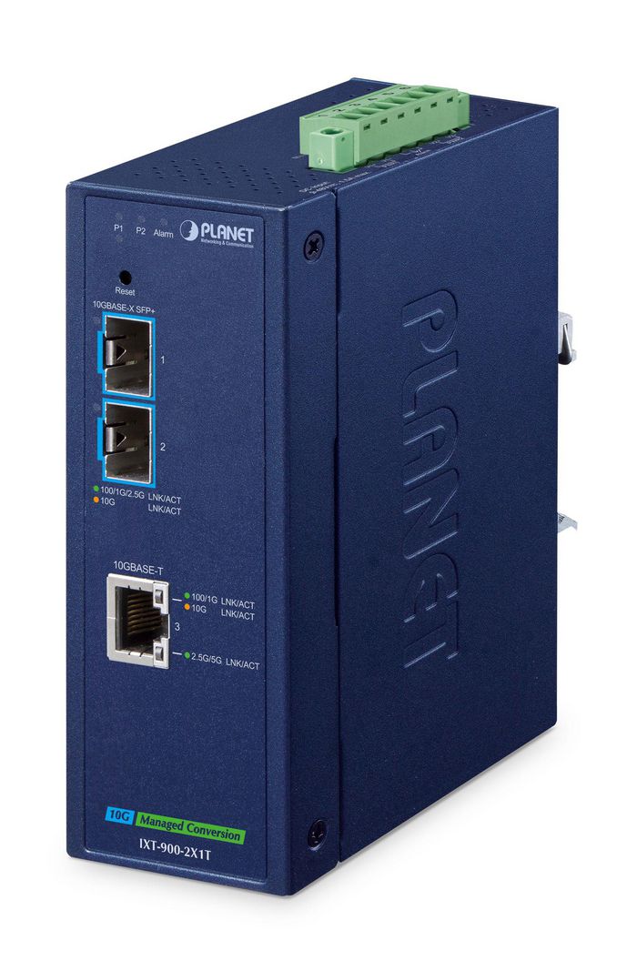 Planet IP40 Industrial 2-Port 10G/1GBASE-X SFP+ + 1-Port 10G/5G/2.5G/1G/100BASE-T Managed Media Converter(-40 to 75 C, dual redundant power input on 9~48V DC/24V AC terminal block, IPv4/IPv6 Dual stack management, supports TLSv1.2/SSHv2/SNMPv3 Cybersecurity features, LFP, 802.1Q VLAN, ERPS Ring, PLANET CloudViewerPro app and NMS MQTT) - W128807243
