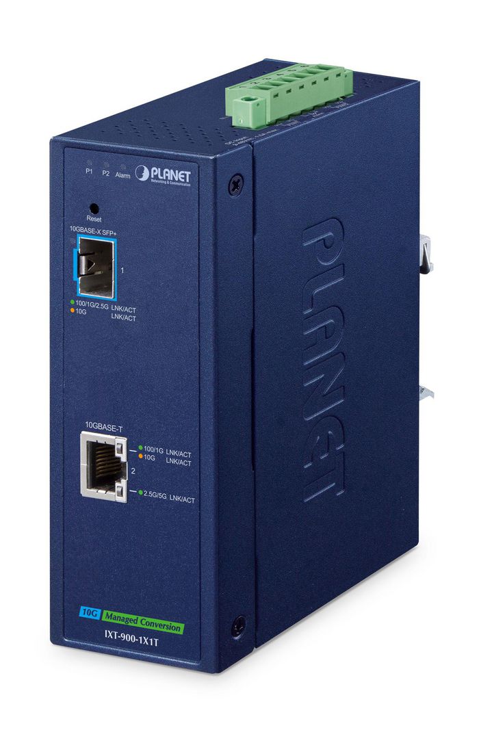 Planet IP40 Industrial 1-Port 10G/1GBASE-X SFP+ + 1-Port 10G/5G/2.5G/1G/100BASE-T Managed Media Converter(-40 to 75 C, dual redundant power input on 9~48V DC/24V AC terminal block, IPv4/IPv6 Dual stack management, supports TLSv1.2/SSHv2/SNMPv3 Cybersecurity features, LFP, 802.1Q VLAN, ERPS Ring, PLANET CloudViewerPro app and NMS MQTT) - W128807241