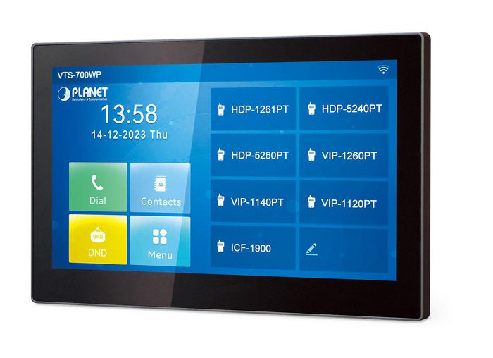 Planet 7-inch SIP Indoor Touch Screen PoE Video Intercom with Built-in Wi-Fi,  IETF SIP 2.0, HD/Opus Audio, 1080p@30fps, H.264 Video, PoE, 8 alarm input, Hardware AEC, built-in 2.4G/5GHz Wi-Fi, QoS, STUN, VPN, TLS, Caller ID, 5-Way Conference, Auto Provision, TR-069, PLANET DDNS - W128807249
