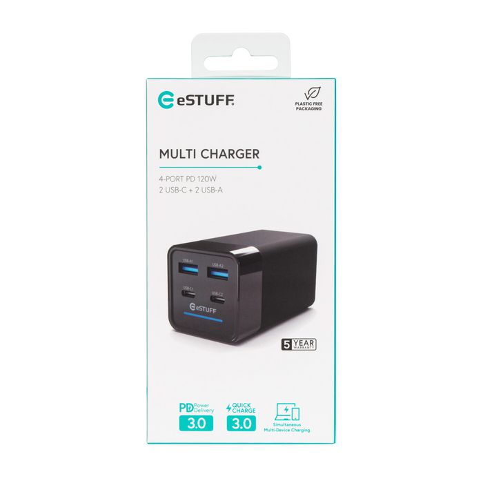 eSTUFF 120W 4-port PD GaN Multi Charger - 2 USB-C + 2 USB-A Ports - W128788634
