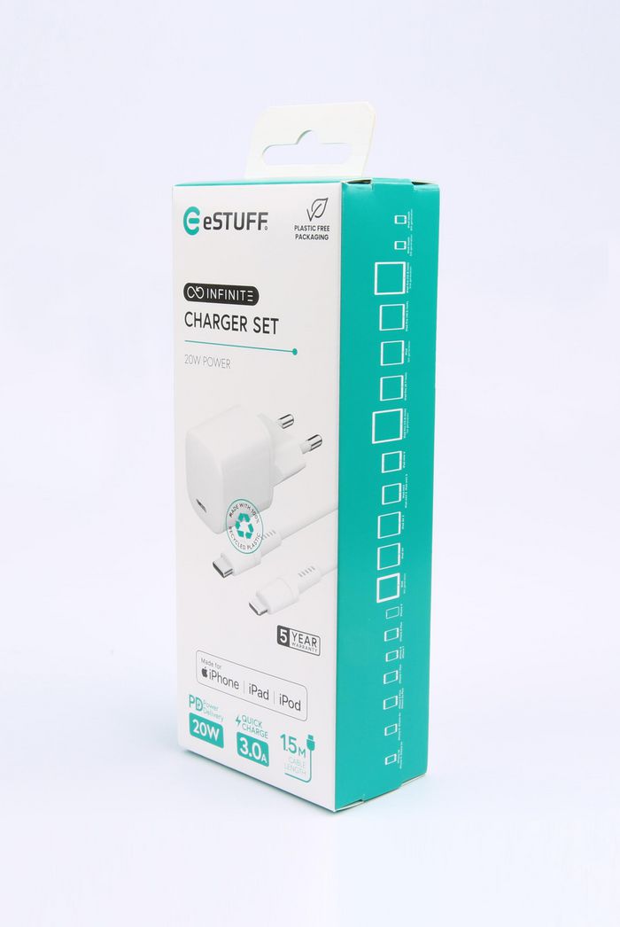 eSTUFF INFINITE Charger Kit PD 20W EU Plug Charger with 1,5m USB-C to Lightning Cable - White - W128441093