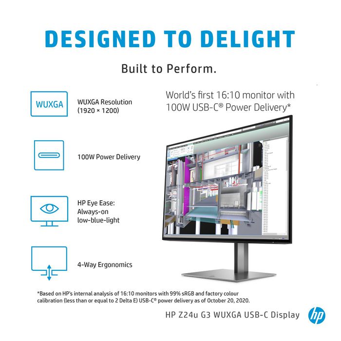 HP HP Z24u G3 - LED monitor - 24" Z24u G3, 61 cm (24"), 1920 x 1200 pixels, WUXGA, LED, 5 ms, Silver - W128821338