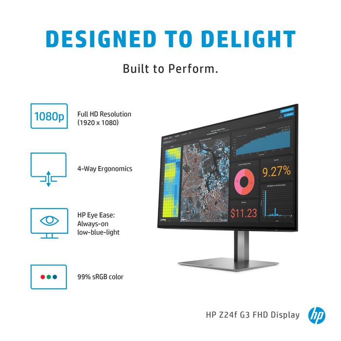HP Z24f G3 computer monitor 60.5 cm (23.8") 1920 x 1080 pixels Full HD Silver - W128821347