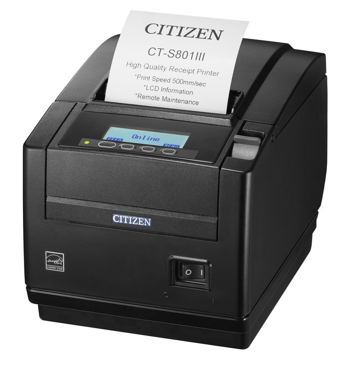 Citizen CT-S801III Thermal Printer, 500 mm/sec,58-83mm, LCD, self retracting cutter, USB + Option Slot, Black Case - W128830007