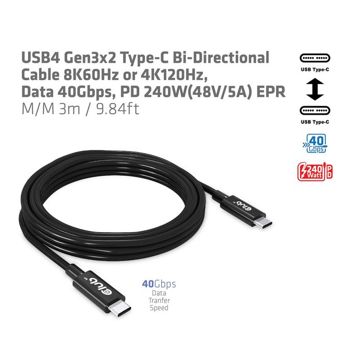 Club3D Usb4 Gen3X2 Type-C Bi-Directional Cable 8K60Hz Or 4K120Hz, Data 40Gbps, Pd 240W(48V/5A) Epr M/M 3M / 9.84Ft - W128826660