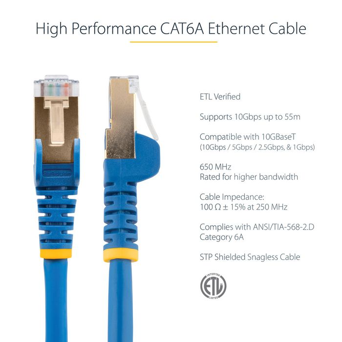 StarTech.com StarTech.com StarTech.com CAT6a Ethernet Cable - 2m - Blue Network Cable - Snagless RJ45 Cable - Ethernet Cord - 2 m / 6 ft - W124629548