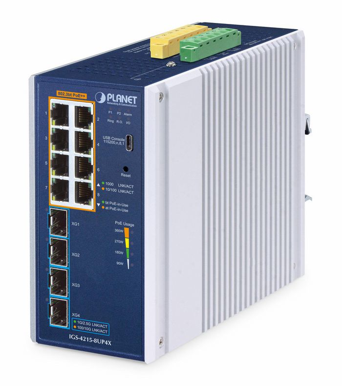 Planet IP30 Industrial L2/L4 8-Port 10/100/1000T 802.3bt PoE + 4-Port 10G SFP+ Managed Switch - W128820051