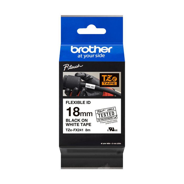 Brother TZeFX241, 18mm (0.7") Black on White Flexible ID Tape 8m (26.2 ft) - W124576405