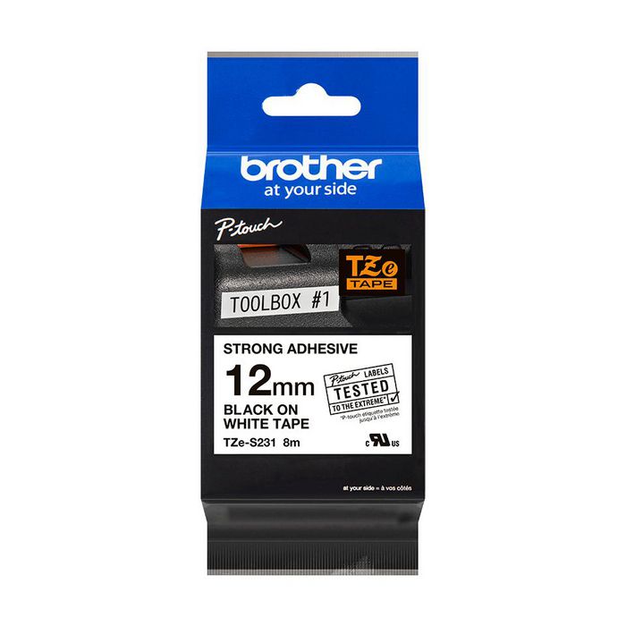 Brother 12mm x 8m, Black on White, Extra Strength Adhesive - W125275847