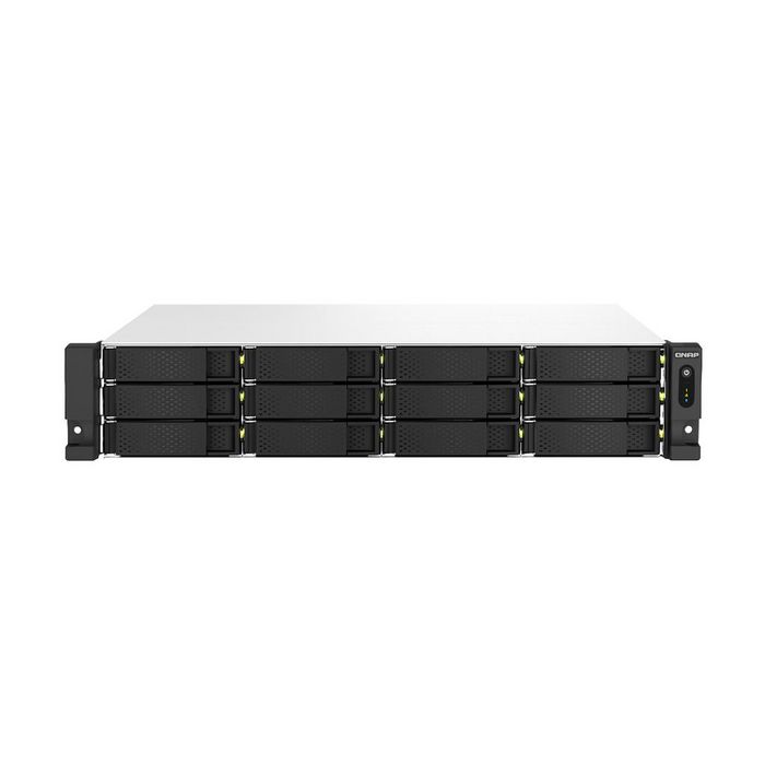 QNAP 2U 12-Bay rackmount NAS, Intel® Celeron® N5095 quad-core, 8 GB onboard not expandable, 12 x 3.5"/2.5" SATA 6Gb/s drive bays, 2 x 2.5GbE, 1 x PCIe Gen3 x2 slot, 1 x HDMI 1.4b, 2 x USB 3.2 Gen2 Type-A + 2 x USB 2.0, 2 x 300W redundant PSU - W128284697