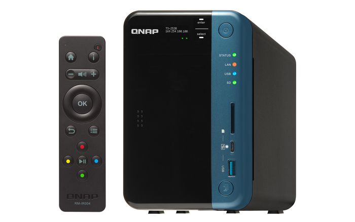 QNAP TS-253B, Intel Celeron J3455 1.5 GHz, 2x 4 GB DDR3L, 4x 2.5/3.5" SATAIII, 2x RJ-45, 5x USB 3.0 A, USB C, PCIe 2.0 x2, 2x HDMI 1.4b, 3x 3.5mm, 0.96" OLED, 105 x 226 x 168 mm, 65 W AC, QTS 4.3 - W125365334