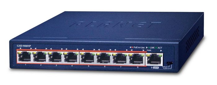 GSD-908HP, Planet 8-Port 10/100/1000T 802.3at PoE + 1-Port Gigabit