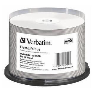 Verbatim DVD+R DL 8x DataLifePlus, 8.5GB, 50pk Spindle, No ID Brand - W124315090
