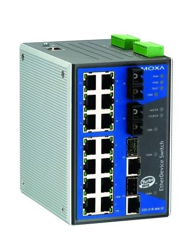 Moxa Managed Gigabit Ethernet switch with 14x 10/100BaseT(X) ports, 2x 100BaseFX multi-mode ports SC, 2x combo 10/100/1000BaseT(X) / 1000BaseSFP slots for SFP-1G, 0 - 60°C - W124413605