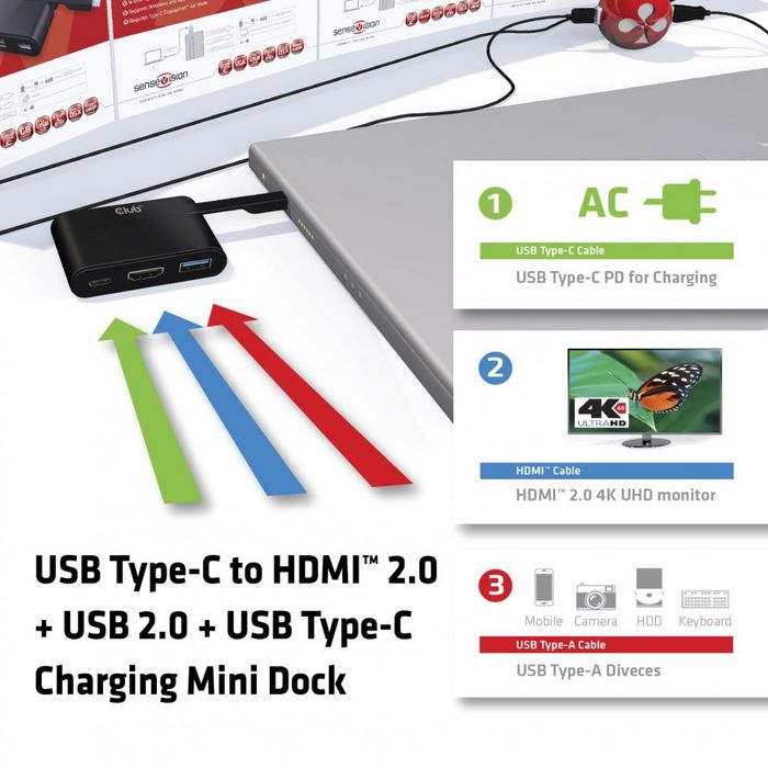 Club3D USB Type-C to HDMI™ 2.0 + USB 2.0 + USB Type-C Charging Mini Dock - W124447755