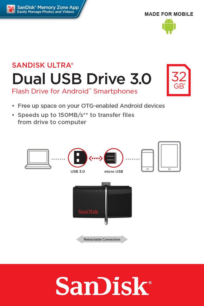 Sandisk SanDisk Clé USB/Micro-USB 3.0 "Ultra Dual Drive", 32GB, OTG, 130MB/s, Noir - W124483839