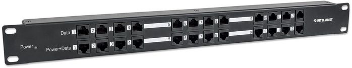 Intellinet PoE Patch Panel, 24 Port Patch Panel with 12 port RJ45 Data In and 12 port RJ45 Data and Power Out, Passive Power over Ethernet Delivered on 12 Ports, 1U, CAT5e - W124932840