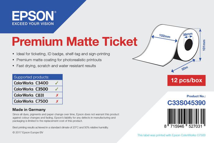 Epson Premium Matte Ticket - Roll: 102mm x 50m - W124546943
