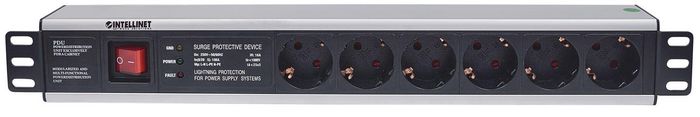 Intellinet 19" 1.5U Rackmount 6-Way Power Strip - German Type", With On/Off Switch and Surge Protection, 3m Power Cord (Euro 2-pin plug) - W125309323